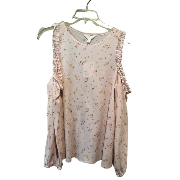 LC Lauren Conrad Blouse Top Women's Size L Pink Floral Long Cold Shoulder Sleeve - Picture 1 of 6